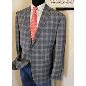 Michael Strahan Collection Blazer Mens Grey Plaid Sport Coat Modern Fit 46R
